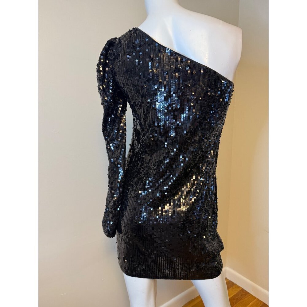 Express Black One-Shoulder Sequin Mini Dress With Long Sleeve Size 2 - Picture 3 of 8